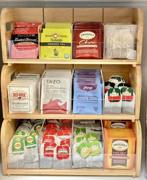 I had a difficult time finding the perfect organizer for my family's tea stash. Luckily, I found this gem on Amazon and it was perfect because it has three sections that were different sizes. Its perfect for if you buy one tea in larger quantities. It required minimal assembly and looks great on a countertop or in a cupboard. I have linked the Amazon page to this post for my tea lovers. As an Amazon Affiliate, I earn commission on eligible products. Tea Station Small Spaces, Tea Selection Display, Tea Spot In Kitchen, Tea Pantry Organization, Tea Rack Ideas, Herbal Tea Organization, How To Store Tea Bags, Herbal Tea Storage, Cute Tea Station