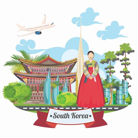 South Korea travel vector card with pagodas and traditional signs. Korea Journey card with korean objects. South Korea travel vector card with pagodas and vector illustration About South Korea, Travel Vector, Paper Quilling Jewelry, Vector Poster, South Korea Travel, Korean History, Detailed Coloring Pages, Korea Travel, Bts Drawings