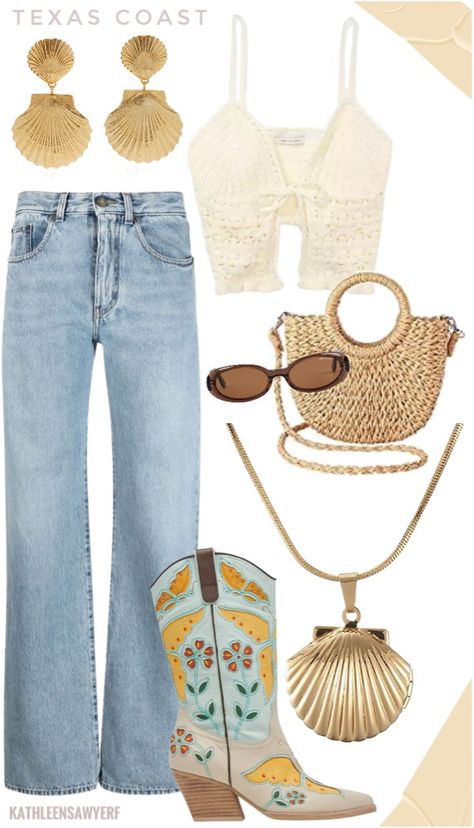 cute outfit inspired by coastal texas Beachy Cowgirl Outfit, Coastal Cowgirl Aesthetic Outfits Summer, Coastal Cowgirl Outfit Bachelorette, Coastal Cowgirl Style Outfits, Cowgirl Boho Outfits, Coastal Cowgirl Fits, Beachy Cowgirl Aesthetic, Coastal Cowgirl Outfit Aesthetic, Coastal Country Outfit