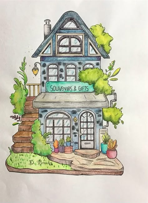 The Souvenir & Gift Shop from Reyda Prints - Etsy. Teacup House Drawing, Cafe Drawing Aesthetic, Book Shop Drawing, Jillee Arts, Market Drawing, Town Drawing, Village Drawing, Markers Drawing Ideas, Whimsical Art Journal