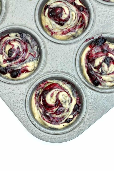 Blueberry Swirl Muffins Blueberry Preserves, Swirl Muffins, Muffin Baking, Swirled Bread, Fruit Preserves, Baking With Kids, Blueberry Muffins, Muffin Cups, Cookie Scoop