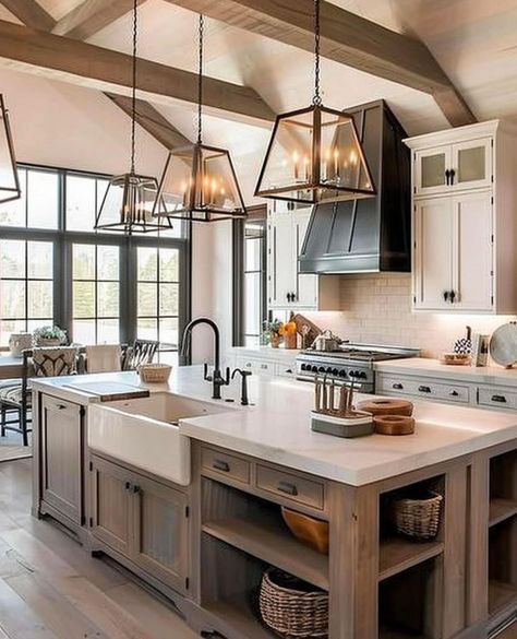 Farmhouse Kitchens 2024, Old Farmhouse Renovation, Modern Farmhouse Aesthetic, European Farmhouse Kitchen, Porter House, Elegant Kitchen Design, Farmhouse Kitchen Lighting, Lake House Kitchen, Craftsman Kitchen