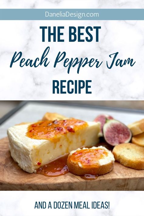 peach pepper jam over brie with baguette slices Peach Hot Pepper Jelly, Peach Pepper Jam, Peach Pepper Jelly Recipe, Pepper Jam Recipe, Peach Pepper Jelly, Jalapeno Jam Recipe, Peach Jalapeno Jam, Pectin Recipes, Pepper Jam