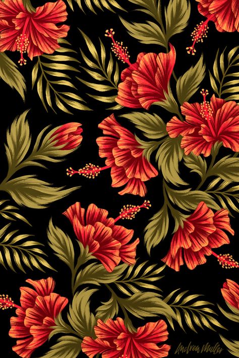 Print Fabric Design, Flower Pattern Design Prints, Fabric Patterns Prints, Hibiscus Pattern, Flower Print Pattern, Botanical Flower Art, Fabric Print Design, Floral Textile, Vintage Flowers Wallpaper