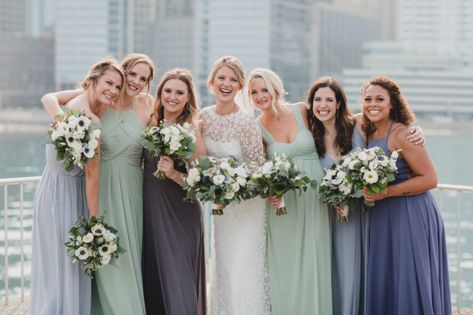 {{Bride and bridesmaids in a palette of sage green, periwinkle, dusty blue, and charcoal. Monochromatic bouquets were of anemones, spray roses, berries, thistle, dusty miller, and eucalyptus.}} Photography by M Lindsay Photography https://mlindsayphotography.com/|| Flowers by Pollen, pollenfloraldesign.com Sage Green And Periwinkle Wedding, Wedding Colors For 2023, Sage Green And Dusty Blue, Dusty Blue Wedding Colors, Eucalyptus Photography, Creepy Fairy, Blue Wedding Colors, Blue And Sage Green, Dusty Blue Bridesmaid