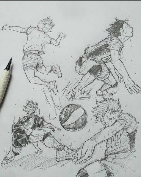 Haikyuu Sketch Draw, Sketch Book Ideas Aesthetic Anime, Haikyuu Poses, Haikyuu Drawing Sketch, Hinata Sketch, Drawing Haikyuu, Haikyuu Sketch, Volleyball Drawing, Some Sketches