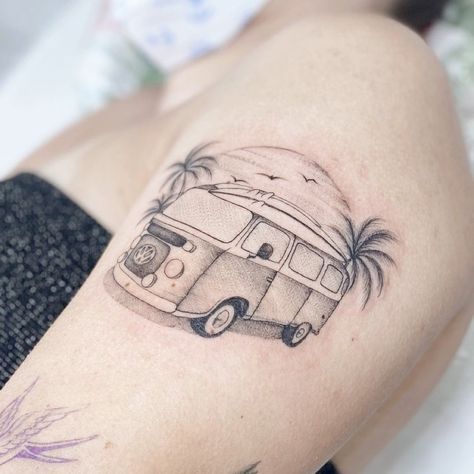 Vw Camper Tattoo, Vw Van Tattoo, Kombi Van Tattoo, Volkswagen Bus Tattoo, Van Tattoo Volkswagen, Vw Tattoo, Tattoo Ideas, The Beach, Tattoos