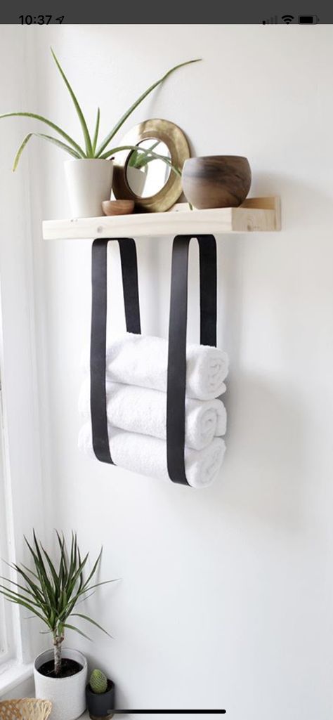 Wall Towel Holder Ideas, Leather Towel Holder, Crate Shelves Bathroom, Leather Home Accessories, Wall Towel Holder, Bathroom Towel Storage Ideas, Leather Shelf, Diy Bathroom Storage Ideas, Diy Towel Rack