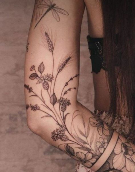 Florence Tattoo, Wheat Tattoo, Natur Tattoo Arm, Front Shoulder Tattoos, Wildflower Tattoo, Floral Tattoo Sleeve, Floral Tattoo Design, Botanical Tattoo, Leg Tattoo