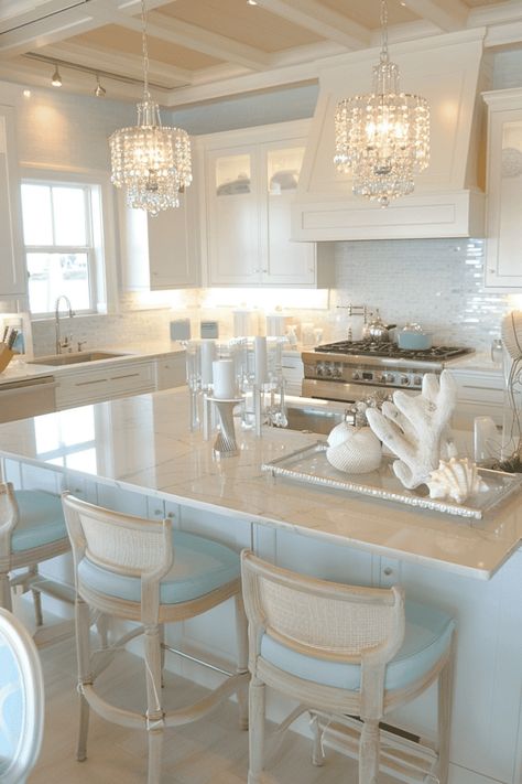 classy white and blue coastal kitchen Coastal Kitchen Nook Ideas, Ocean Themed Kitchen, Blue Coastal Kitchen, Modern Beach House Kitchen, Mermaid Kitchen, White And Blue Kitchen, Beach Airbnb, Coastal Kitchen Ideas, Waterfront Living