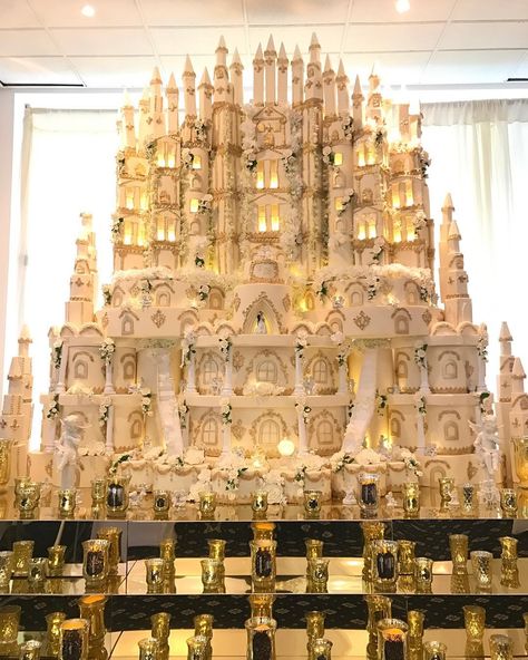 Asian Wedding Cakes on Instagram: “One of our biggest cakes to date, A huge castle cake measuring 3m x 3m. Custom built  stage for the cake with luxury gold mirror. Castle…” Giant Castle, Huge Castle, Big Castle, Huge Wedding Cakes, Castle Wedding Cake, Large Wedding Cakes, Huge Cake, Extravagant Wedding Cakes, Big Wedding Cakes