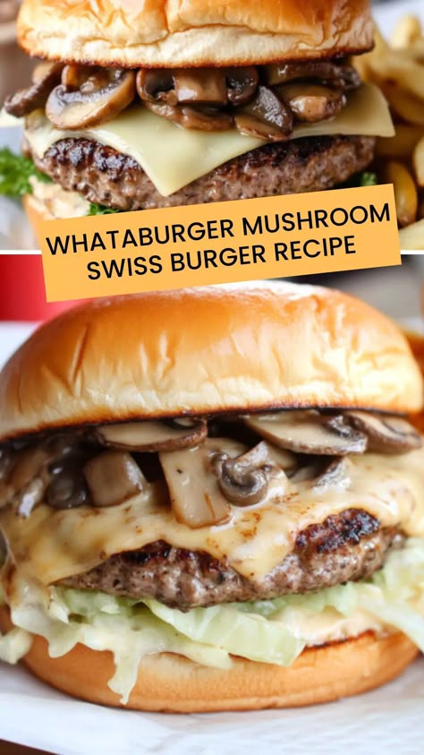 Whataburger Mushroom Swiss Burger Recipe – Easy Kitchen Guide Mushroom Swiss Smash Burger, Bacon Mushroom Swiss Burger, Whataburger Mushroom Swiss Burger Sauce, Swiss Mushroom Burger Recipes, Mushroom Swiss Burger Sauce, Mushroom Sauce For Burgers, Mushroom Swiss Burger Recipe, Mushroom Cheeseburger, Deer Burger Recipes