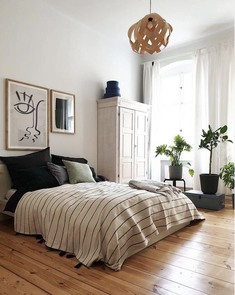 my scandinavian home: A Lovely, Understated, Warm and Inviting Berlin Home Bedroom With High Ceilings, Bedroom Ceilings, Striped Throw, High Ceilings, Painted Ceiling, Blue Bedroom, Scandinavian Home, Bed Room, Cheap Home Decor