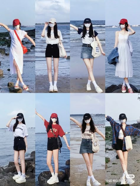 Summer K Pop Outfits, Aesthetic Beach Outfits Korean, Korean Vacation Outfit, Aesthetic Korean Outfits Summer, Summer In Korea Outfits, Taiwan Outfit Summer, Summer Outfits Aesthetic Korean, Summer Outfit Korean Style, Ootd For Beach