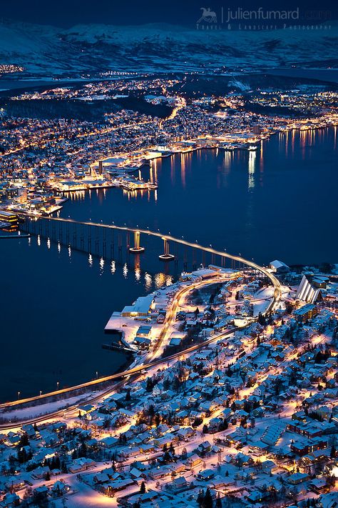 City lights of Tromsø, Norway Norway Viking, Tromso Norway, Beautiful Norway, Top Of The Mountain, City At Night, Scandinavia Travel, Norway Travel, Nordic Countries, Tromso