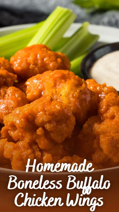 Homemade Boneless Buffalo Chicken Wings - Appetizers & Entrees Boneless Buffalo Chicken, Wings Appetizers, Boneless Wing Recipes, Wings At Home, Entrees Recipes, Boneless Chicken Wings, Hot Wing Recipe, Costco Chicken, Wings Recipe Buffalo