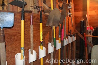 Ashbee Design: Organizing Garden Tools with PVC Garage Organization Tips, Garden Tool Organization, Pvc Pipe Projects, Shed Organization, Garage Organization Diy, Pvc Projects, Cute Diy Projects, Tool Storage Diy, Garden Tool Storage