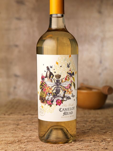 CF Napa has designed the collage-style label for Camelot Mead, a sweet  honey based wine. The design ties together geometric elements along with  illustrations of bees and flowers in an elegant and eye-catching way. Wine Gift Ideas, Mead Wine, Wine Package, Label Inspiration, Wine Label Packaging, Honey Wine, Honey Label, Wine Packaging Design, Drink Design