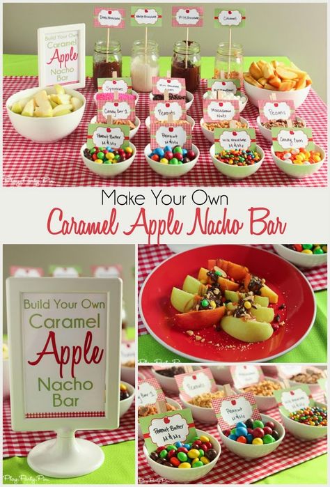 The cutest apple party ideas including everything from mason jars filled with apple candies for favors to different types of apple themed food and drinks! I especially love the caramel apple nachos bar and fun games, activity ideas for kids, and decorations! The perfect fall party theme! Apple Nacho Bar, Make Your Own Caramel, Party Food Ideas For Adults, Apple Party, Fall Party Food, Caramel Apple Bars, Apple Nachos, Nacho Bar, Apple Cupcakes