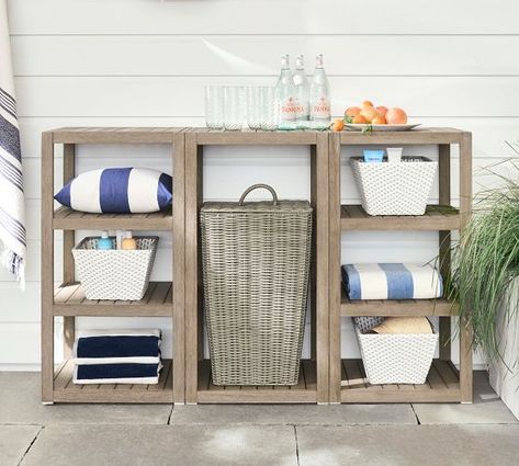 Storage Baskets, Storage Bins & Storage Boxes | Pottery Barn Hamper Shelf, Pool House Storage, Pool Towel Storage, Beach Towel Storage, Pool Organization, Pool Float Storage, Pool Toy Storage, Pool Storage, Pool Shower