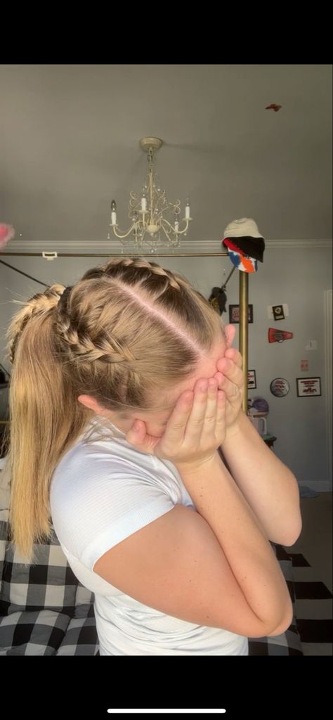 Plait To Ponytail, Cute Ponytail With Braid, French Plait Into Ponytail, Half Up Half Down Hair Football Games, Dutch Braid Into Low Ponytail, Two Braids To Ponytail, Plait Hairstyles For School, Plaits Ponytail Hairstyles, Braid Back Ponytail