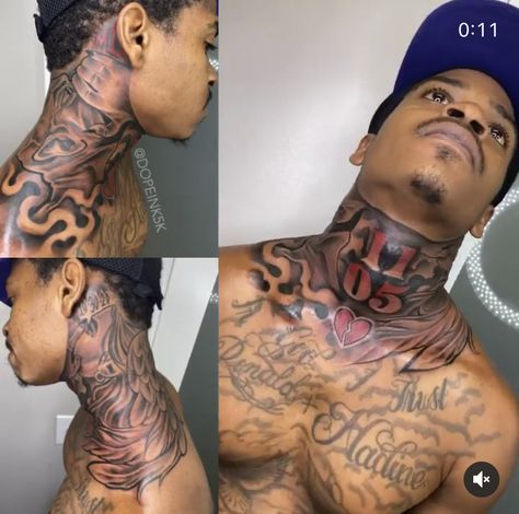 Traps Tattoo, Hood Tattoos, Hood Neck Tattoo For Guys, Collar Bone Tattoo For Men, Front Neck Tattoo, Full Neck Tattoos, Tattoo Font For Men, Simple Hand Tattoos, Full Chest Tattoos