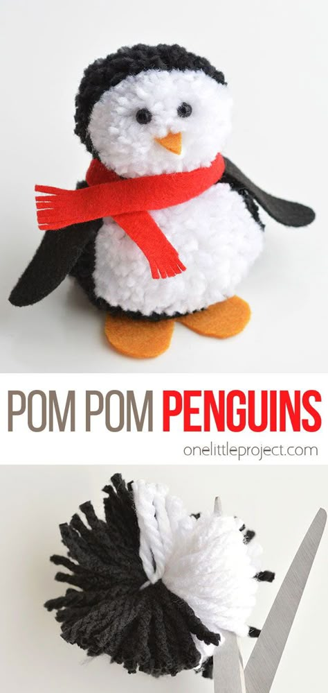 These pom pom penguins are so easy to make and they’re sooooooooo cute!! This is such a fun winter craft idea for kids! You can easily make your own pom poms just by using your hands! This is such a fun and easy winter DIY project! Diy Winter Projects, Kids Art Projects Christmas, January Painting Ideas For Kids, Yarn Crafts For Christmas, Pompom Ornaments Diy, Winter Diy Crafts For Kids, January Crafts For Adults Diy Ideas, Winter Yarn Crafts, Winter Decorations Diy Kids