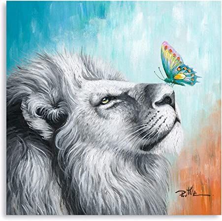 Lion Butterfly Canvas Wall Art Gray White Lion and Colorful Butterfly Pictures Wall Decor Artistic Painting Animal Pictures Giclee Prints for Bedroom Living Room Office Home Decoration 12"x12" Lion And Butterfly, Giraffe Pictures, Lion Wall Art, Lion Canvas, Butterfly Canvas, Floral Wall Art Canvases, White Lion, Abstract Pictures, Butterfly Pictures