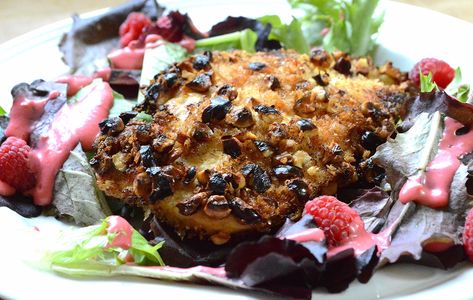 Hazelnut-Crusted Chicken with Baby Lettuce and Raspberry Vinaigrette Bon Appetit Magazine, Raspberry Vinaigrette, Dinner Salad, Crusted Chicken, Chicken Cutlets, Dinner Salads, Honey Mustard, Salmon Burgers, Quick Meals