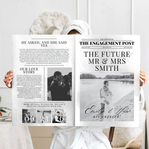 Wedding Engagement Newspaper Template, Bespoke Editable Canva Newspaper Wedding Engagement, Engagement Wedding Newspaper for Photography - Etsy Creative Engagement Announcement, Wedding Decorations Diy Centerpiece, Engagement Photo Shoot Beach, Engagement Invites, Prenuptial Photoshoot, Newspaper Wedding, Engagement Board, Engagement Event, Engagement Announcement Photos