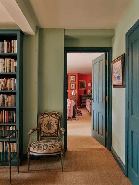 An artist's house in the Cotswolds layered with bold colours and collected pieces | House & Garden Color Ideas For Outside House, Bold Colour Interior Design, Green On Green Walls, Colorful Craftsman Interiors, Mixed Interior Styles, Colourful Farmhouse Decor, Cabin Color Schemes Interior, Cozy Lived In Home, Bold Home Design