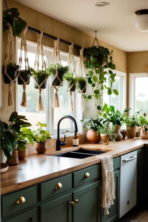 Explore 32 inspiring boho farmhouse kitchen ideas filled with creative decor and rustic charm. Brighten your cooking space with unique accents and interplay of textures. One image showcases beautiful kitchen interior concepts. Kitchen Filled With Plants, Natural Earthy Kitchen, Front Porch Boho, Neutral Boho Home, Boho Front Porch, Boho Home Aesthetic, Dining Room Boho, Boho Kids Bedroom, Cookware Display