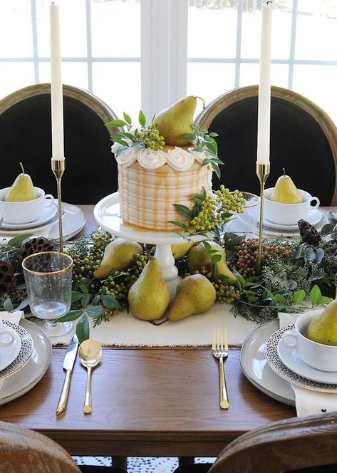 La Jolla Basket, Holiday Interior Decor, Thanksgiving Tablescapes Elegant, Table Setting Fall, Cake Autumn, Thanksgiving Dinner Table Setting, Pears Decor, Thanksgiving Table Setting, Fall Cake