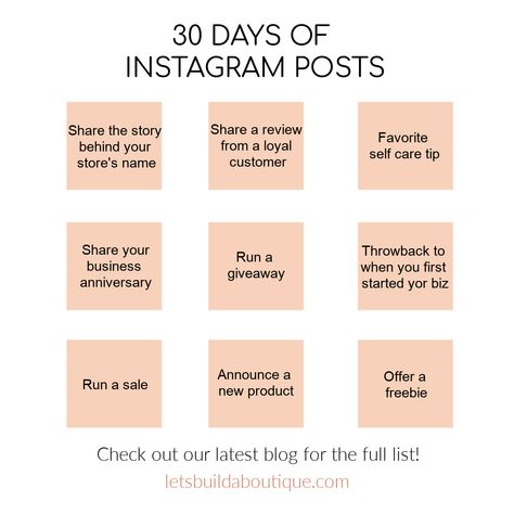 If you are using social media for your online ecommerce store, you know you need to be active on Instagram and post content that your followers are interested in. I've put together a list of 30 days of Instagram posts that you can use in your feed or on your stories! Get creative and have fun as part of your marketing strategy for your online boutique. The more effort you put in your marketing efforts, the greater the results you'll find. come up with a great content strategy 30 Days Of Instagram Posts, How To Be Active On Instagram, Instagram Post Ideas Online Shop, Social Media Ideas For Boutiques, Instagram Retail Post Ideas, Content Ideas For Online Boutique, How To Be More Active On Instagram, Insta Boutique Ideas, Social Media Post Boutique