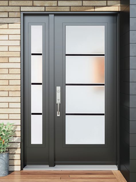 Modern Glass Front Doors, Steel And Glass Front Door, Modern Front Doors With Glass Panels, Glass Front Door Privacy Ideas, Frosted Glass Front Door, Full Glass Front Door, Glass Front Door Privacy, Apartment Front Doors, Front Door Glass Insert