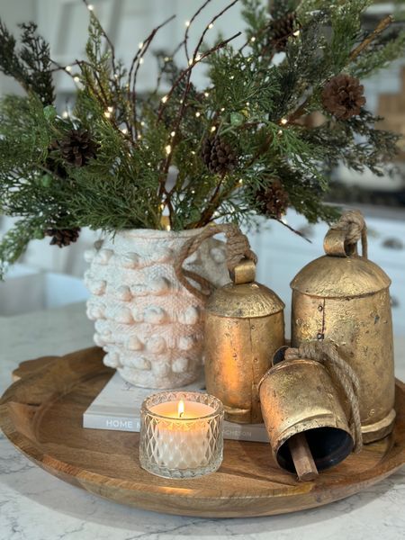 Buffet Table Fall Decor Ideas, Christmas Bells Centerpiece, Christmas Decor On Buffet Table, Large Bells Christmas Decor, Buffet Table Ideas Decor Christmas, Cozy Winter Home Decor, Christmas Decor For Buffet Table, Kitchen Table Christmas Centerpiece, Buffet Christmas Decor