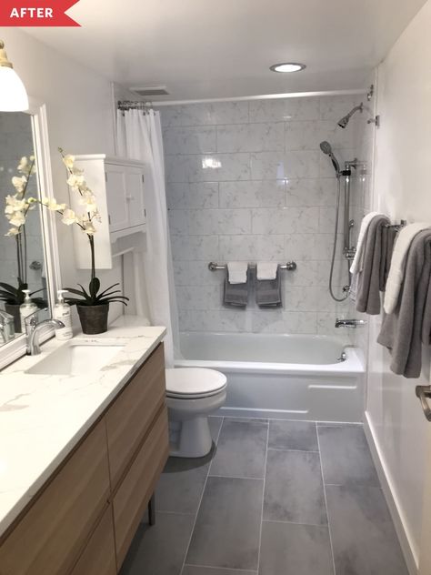 Bathroom Gray And White, Gray Bathroom Tile Ideas, White Gray Bathroom, Bathroom Ideas Gray, White And Gray Bathroom, Grey Bathroom Floor, Windowless Bathroom, Bathroom Gray, Grey And White Bathroom