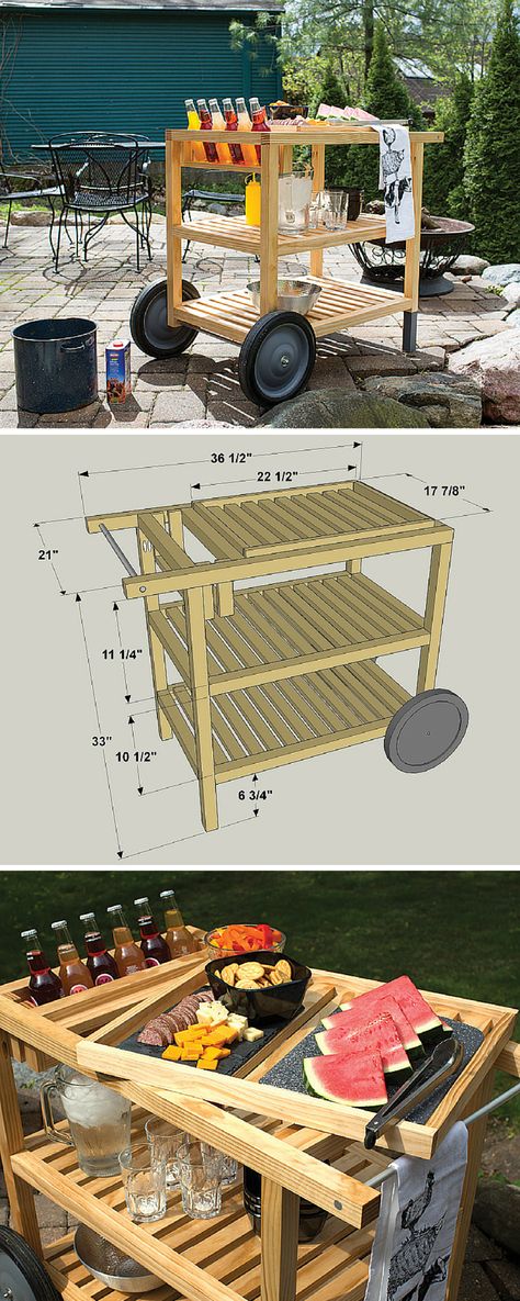 Make outdoor entertaining easy with this serving cart. It offers lots of space for storing food, tableware, and outdoor supplies, plus it cradles bottles where they’re easy to reach but protected from spills. The top “shelf” is a lift-off tray, so you can carry supplies from the cart to your table. Get the free DIY plans at buildsomething.com Diy Food Cart, Outdoor Serving Cart, Northern White Cedar, Diy Bar Cart, Gold Bar Cart, Outside Bars, Pub Set, Serving Cart, Local Furniture