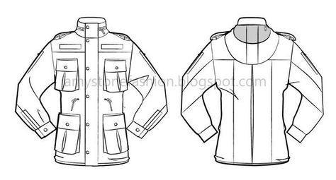 Flat Fashion Technical Sketch -  Military Style Field Jacket 0096 Fashion Flat Template, Technical Sketch, Military Field Jacket, Flat Pattern, Technical Drawings, Field Coat, Flat Sketches, Jacket Pattern Sewing, Tech Pack