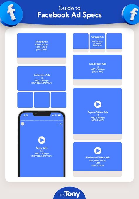 Facebook Ads Sizes: The Complete Guide 2022 - Infographic Fb Ads Design Ideas, Facebook Ads Design Ideas, Facebook Ads Inspiration, Facebook Ad Design, Facebook Carousel Ads, Manager Tips, Facebook Ads Campaign, Facebook Ads Examples, Meta Ads