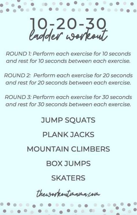 10-20-30 Ladder Workout | The Workout Mama | Bloglovin’ 10 Minute Cardio, 10 Minute Cardio Workout, Pinterest Workout, Ladder Workout, Plank Jacks, Android Secret Codes, Lifetime Fitness, Boot Camp Workout, Group Fitness Classes