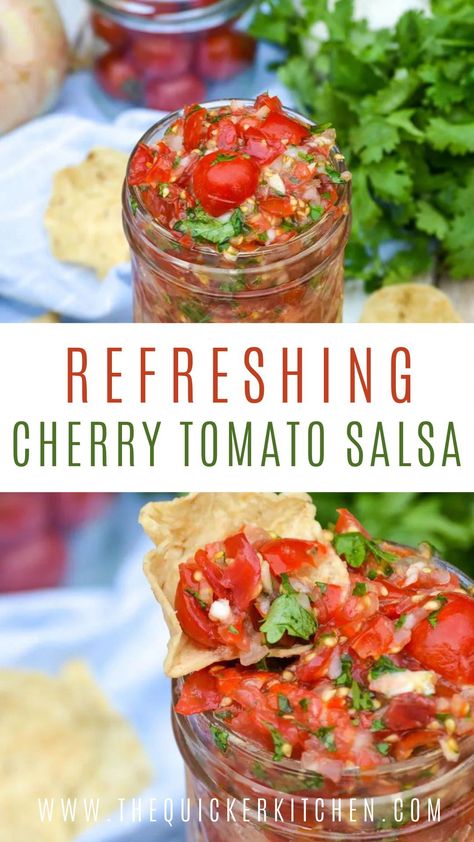 Refreshing Cherry Tomato Salsa. Cherry tomato salsa is a delicious, easy version of the classic dip. This recipe is perfect for serving with your favorite tortilla chips or on top of your favorite grilled chicken or fish and full of fresh tomato flavor. View the entire recipe at www.thequickerkitchen.com Cherry Tomatoes Salsa Recipe, Salsa Cherry Tomatoes, Grape Tomato Salsa Recipe, Salsa Made With Cherry Tomatoes, Canning Cherry Tomatoes For Beginners, Fresh Cherry Tomato Salsa, Salsa Recipe With Fresh Cherry Tomatoes, Homemade Salsa With Cherry Tomatoes, Canning Cherry Tomatoes Salsa