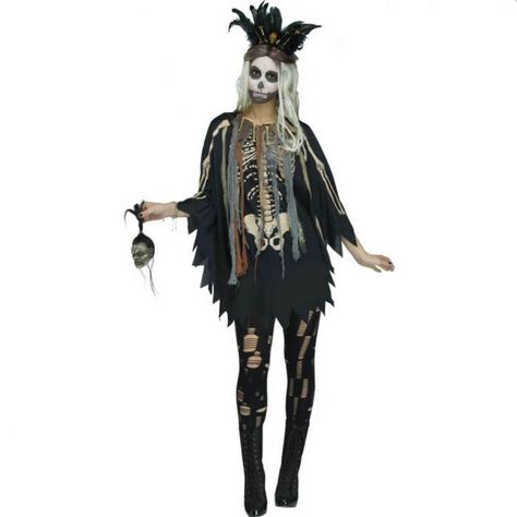 Model wearing Voodoo Poncho featuring skeleton print, jagged edge hem, bones and rags neckline Witch Doctor Costume, Voodoo Costume, Halloween Costumes Women Scary, Voodoo Halloween, Hippie Costume Halloween, Voodoo Priestess, Doctor Costume, Halloween Costumes For 3, Under Your Spell