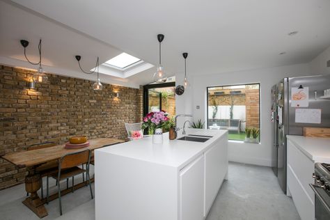 Kitchen With Exposed Brick, Exposed Brick Kitchen, Brick Wall Kitchen, European School, Side Return Extension, Side Return, Small Kitchen Island, Open Plan Kitchen Dining, Brick Kitchen