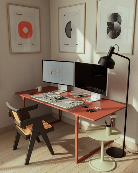 Interior Design Homeoffice, Home Office 2 Monitors Desk Setup, Desk Setup Artist, Scandinavian Desk Setup, Two Screen Desk Setup, Wfh Desk Setup, Desk Setup Aesthetic, Minimal Desk Setup, Work From Home Desk