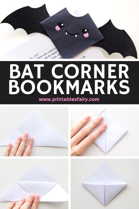 DIY Printable Bat Corner Bookmarks with template. Fun origami Halloween craft for kids. #halloweencrafts #halloweenactivities Bat Wing Template, Halloween Crafts Easy, Bookmarks Corner, Bookmarks Origami, Bat Bookmark, Diy Origami Decor, Wing Template, Bookmarks Halloween, Diy Origami Home