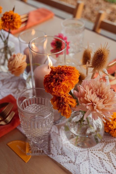 Marigold Wedding Centerpieces, Marigold Decor Wedding, Marigold Flowers Wedding, Fall Mums Wedding Decor, Marigold Birthday Party, Boho Bright Wedding, Classic Fall Wedding Colors, Retro Flower Centerpieces, Citrus Disco Wedding