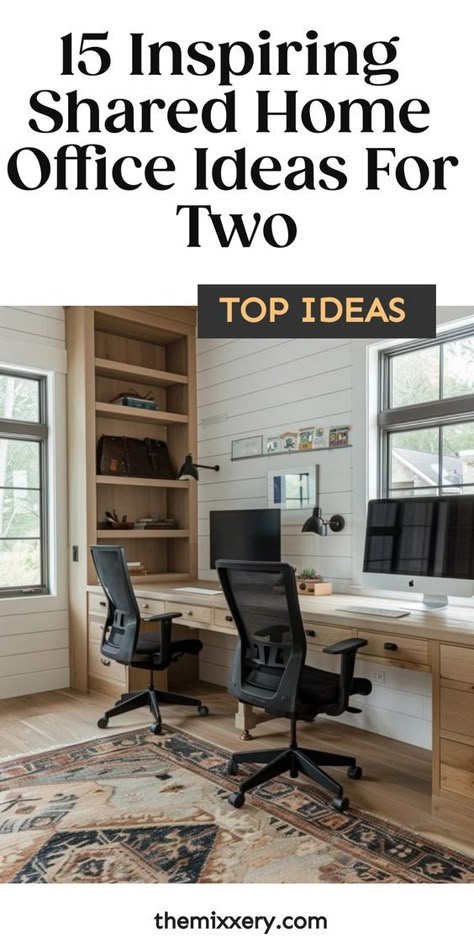 Explore innovative home office ideas for two people to create a productive workspace. Design a functional setup with two desks, computers, and bookshelves for optimal organization. Discover inspiring IKEA home office ideas tailored for couples sharing workspaces. Transform your space with creative solutions for dual productivity in mind. Couples Office Space Home, Office Set Up Ideas Layout, Office Ideas For Two People, Two Desk Office Layout, Double Office Ideas Layout, Dual Office Ideas Home, Office For Two People Layout, Home Office 2 Desks, Home Office Ideas For Two