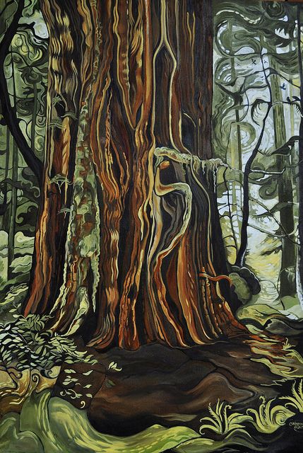 Mossy Tree Painting, Cedar Tree Painting, West Coast Painting, Cedar Tree Drawing, Cedar Tree, Sell Art, Painting Medium, Canadian Art, Hive Mind