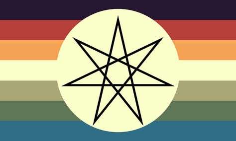 a flag with 7 stripes, from top to bottom: black/dark purple, red-orange, yellow-orange, off-white, light green, desaturated green, and dark cyan. in the center is a off-white circle and the otherkin symbol, a 7 pointed star. Otherkin Symbol, Nonhuman Oc, Otherkin Flag, Kin Flags, Otherkin Flags, Otherkin Pride Flag, Deity Xenogender, Eldritch Xenogender, Embodiment Xenogender